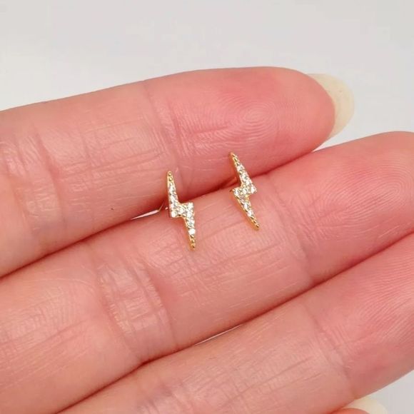 925 Sterling Silver Lightning Bolt Stud Earrings - Picture 7 of 9